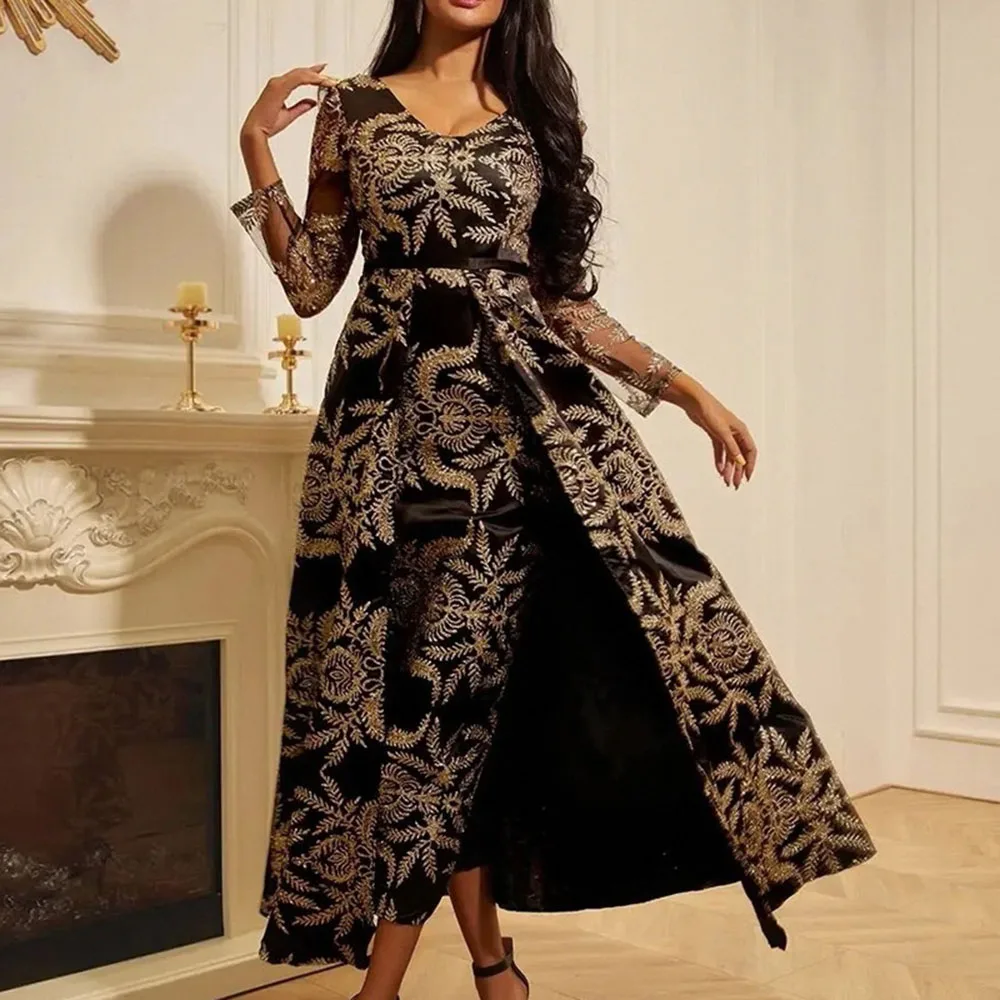 

Женское вечернее платье с разрезом, длинное Привлекательное платье с длинной юбкой, украшенное бронзовым эффектом, на осень и зиму