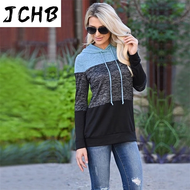 

Women Hoodies Sweatshirts Casual Patchwork Ladies Hooded Pullover Autumn Clothing Loose Pullovers Drawstring Sport Tops Female