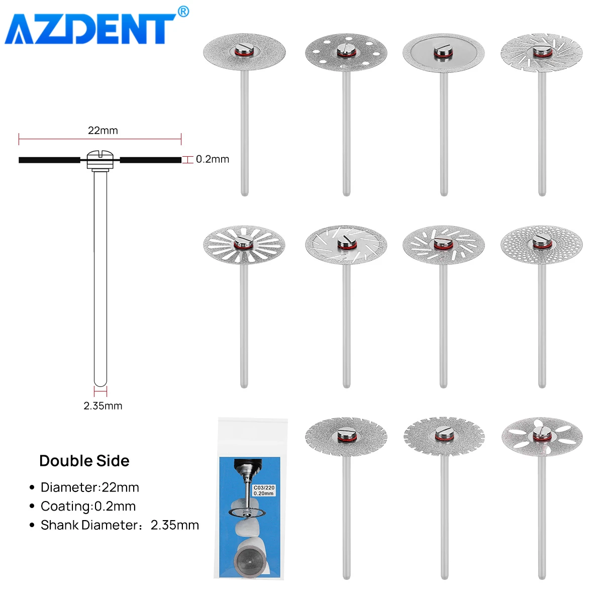 Алмазный диск AZDENT стоматологический лабораторный 11 размеров 0 20 мм ультратонкий