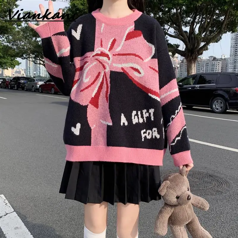 

Японский милый пуловер для девочек, свитер, Осенний Повседневный Вязаный топ в студенческом стиле, свободный винтажный свитер с бантом и дл...
