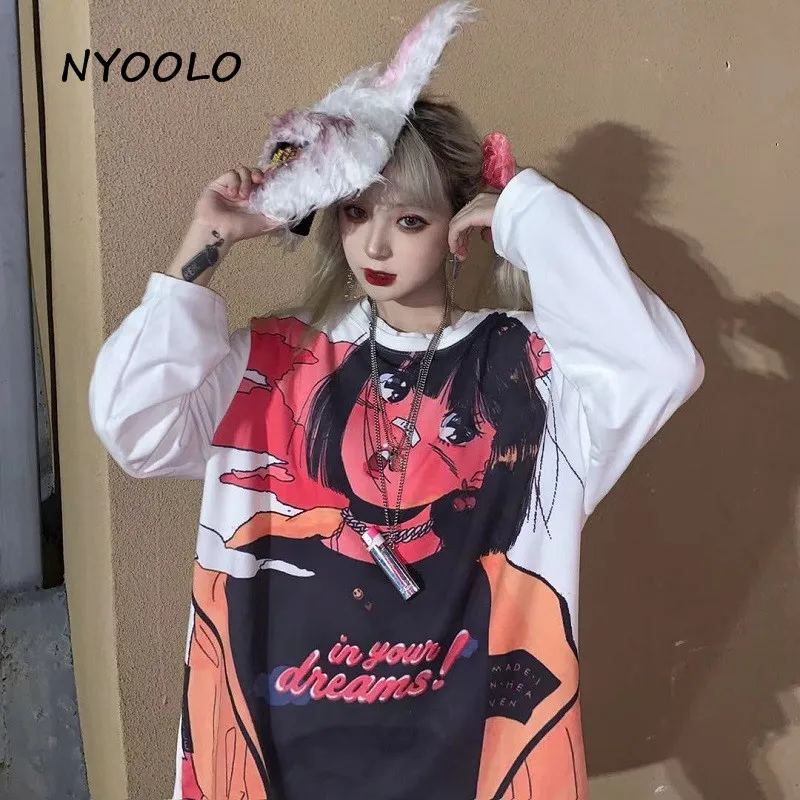 NYOOLO японский Harajuku Винтаж мультфильм аниме девушка печати футболка осень уличная свободная футболка с длинными рукавами для женщин и мужчин Топ