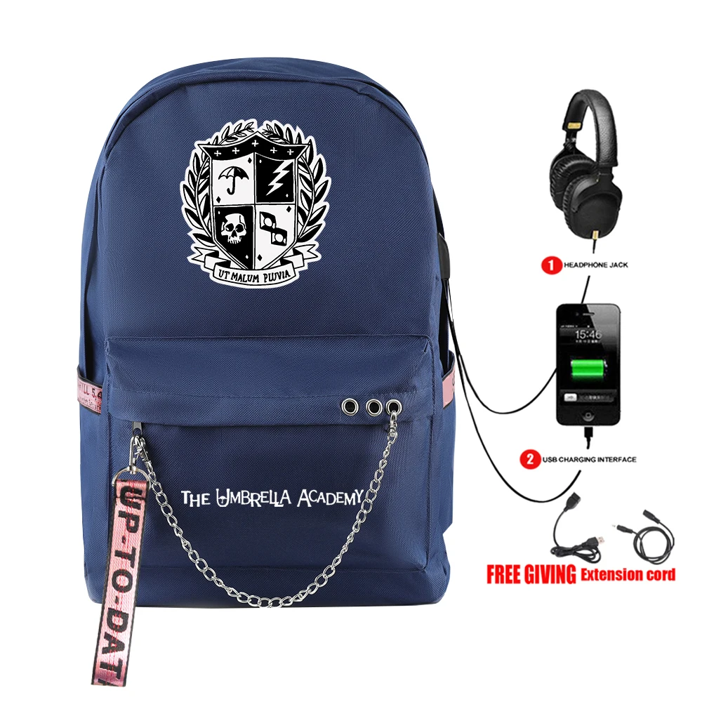 

Cartoon THE UMBRELLA ACADEMY backpacks USB Rechargeable Schoolbag Laptop Waterproof Canvas Bags Print Chain Boys /Girls bags