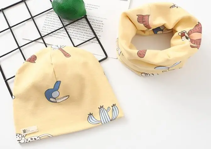 new yellow Осенне-зимний Хлопковый вязаный детский комплект из 2 предметов, шапка с воротником для мальчиков и девочек, Одноцветный шарф, шапка, комплект из 2 предметов - Цвет: new yellow
