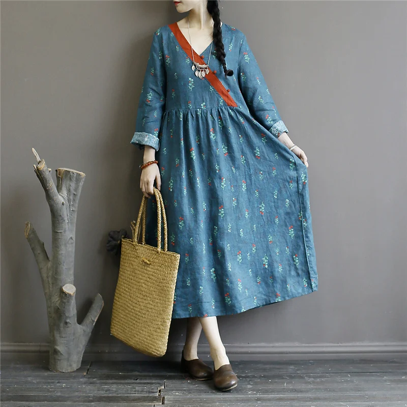 Женское льняное платье Johnature винтажное свободное с длинным рукавом и цветочным