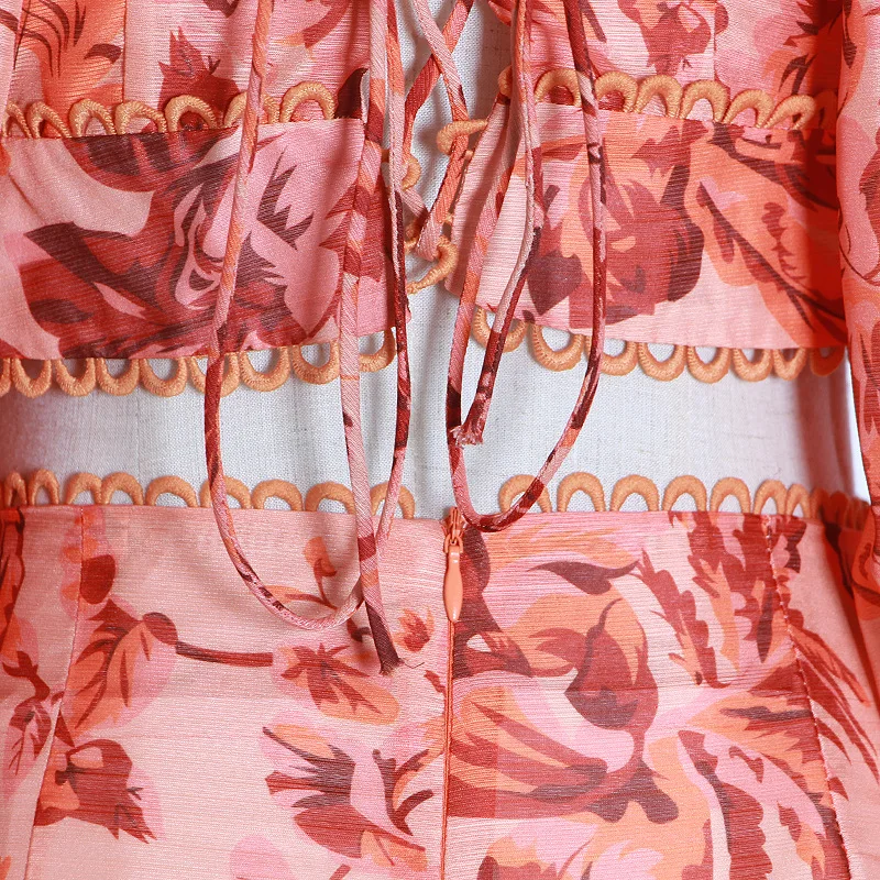 

Fashion Tide Print 2 Pcs Women Set Sexy V Neck Backless Drawstring Puff Sleeve Short Top High Waist Ruffles Patchwork Suit