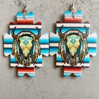 western jewelry wooden aztec wood carving cow heard cactus concho floral geometric aztec painting dangle drop aztec earrings