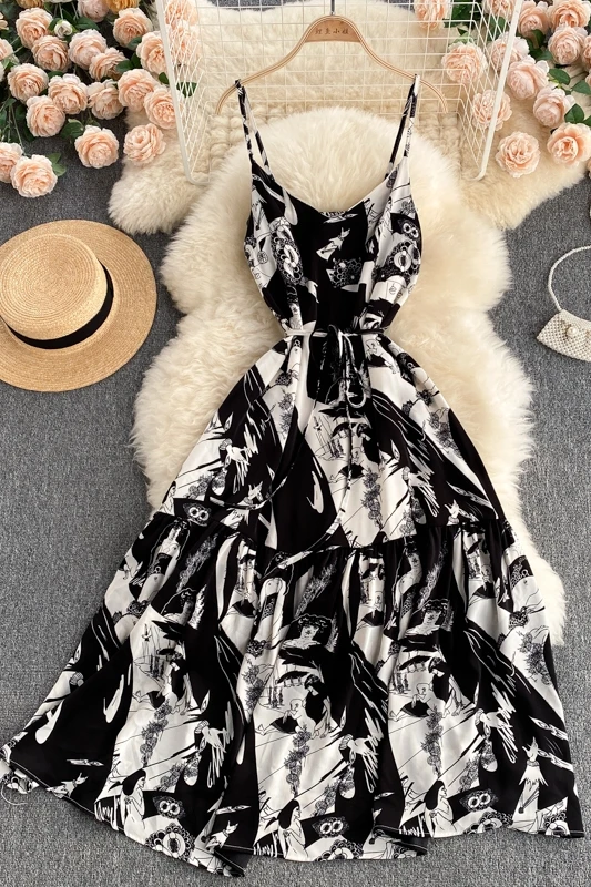 

Summer Spaghetti Strap Backless Sexy Long Dresses Women Fashion Niche Color Matching Print Slim Sling Midi Dresses