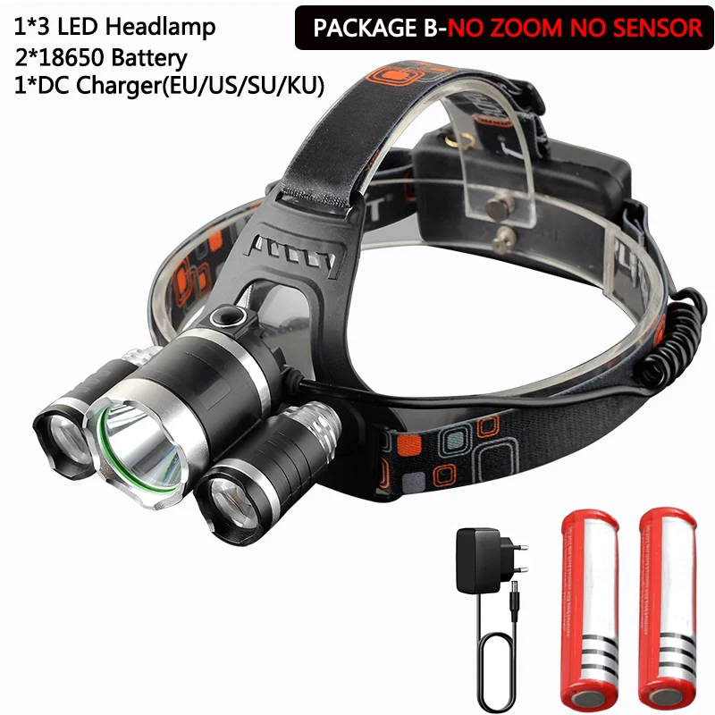 Package B Светодиодный налобный фонарь с датчиком и зумом 4 режима Водонепроницаемый налобный светильник 5 светодиодный T6 налобный фонарь вспышка светильник Фонарь налобный светильник 18650 Рыбалка 91 - Испускаемый цвет: Package B