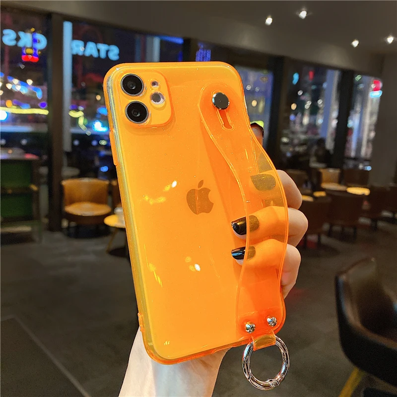

Candy Color Wrist Strap Phone Case For iPhone 12 11 Pro X XR XS Max 12 Mini 7 8 Plus SE2 Glitter Transparent Soft Silicone Cover
