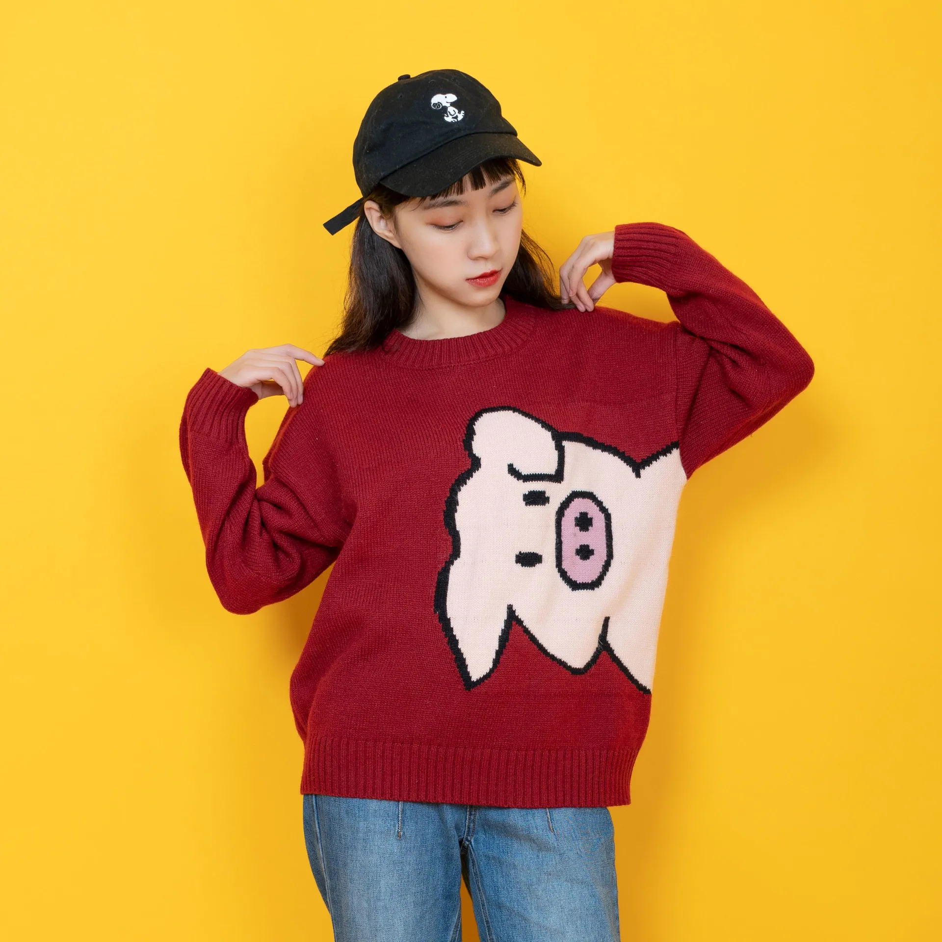 

New Year Piggy Cute Women's Knitted Sweater O-neck Pullovers Long Sleeve Fall Loose Sweaters Cute Girls Pig Red