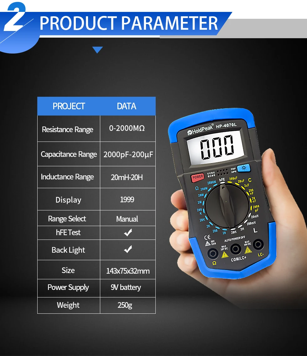 Holdпиковая HP-4070L емкость мультиметр Цифровой индуктивность ЖК-метр hFE Тест с подсветкой индуктивность LCR метр инструмент для ремонта