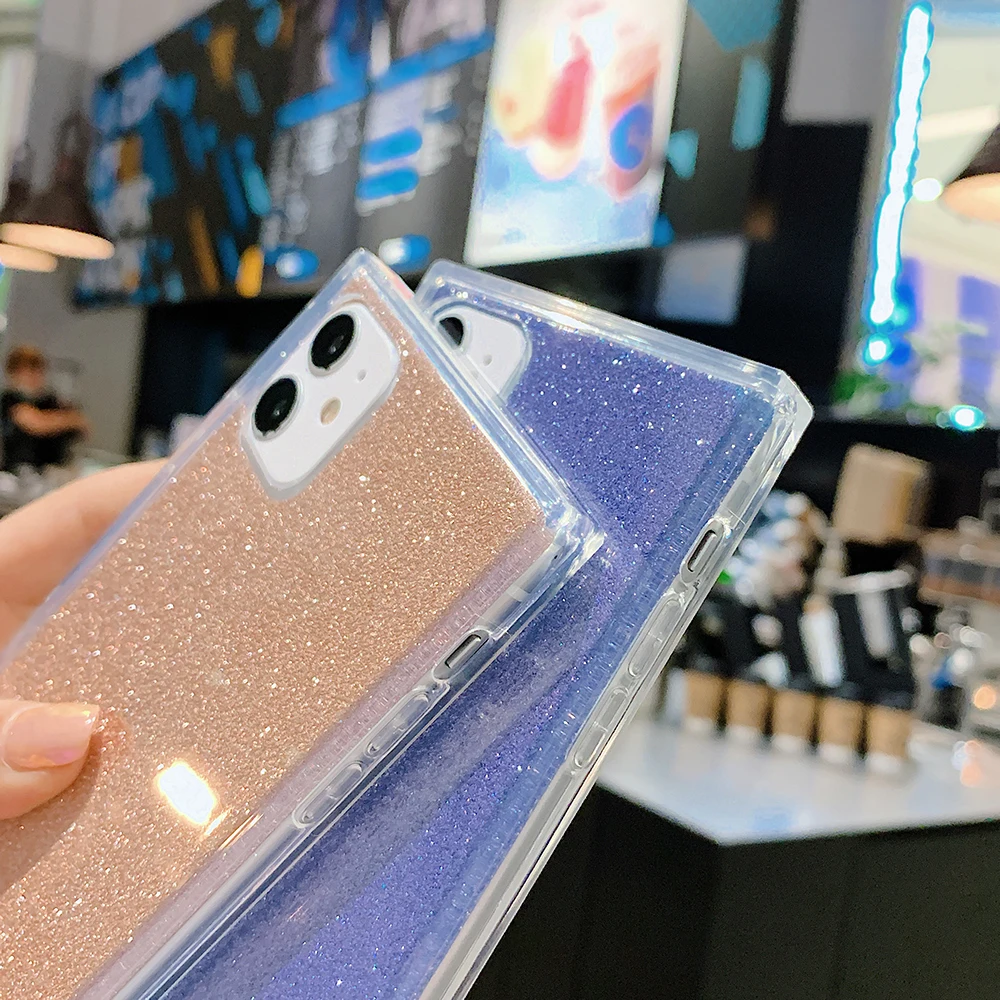 Блестящий квадратный силиконовый чехол с прямыми боками для IPhone 11 12 Pro Max X XR XS 7 8 Plus