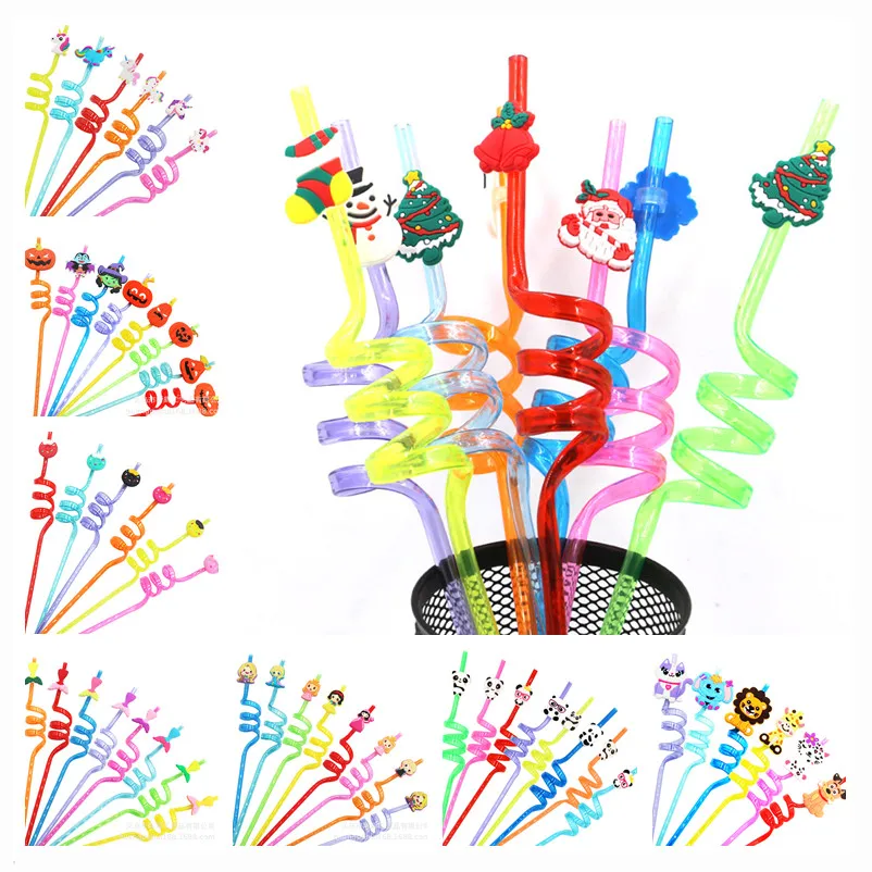 

8ps Mermaid Dinosaur Christmas Donut Flamingo Halloween Plastic Straws Unicorn Birthday Party Decorations Kids Baby Shower Decor