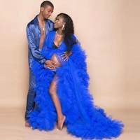 pregnant women royal blue prom dresses sexy v neck robes for photo shoot or baby shower custom made maternity tulle fluffy robe