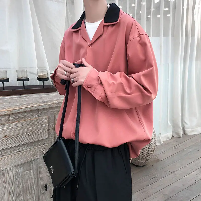 

Mens Streetwear Loose Long-Sleeved Shirt Men M-2Xl Autumn Korean Dress Shirt Men's Fashion Solid Color Business Casual Shirts