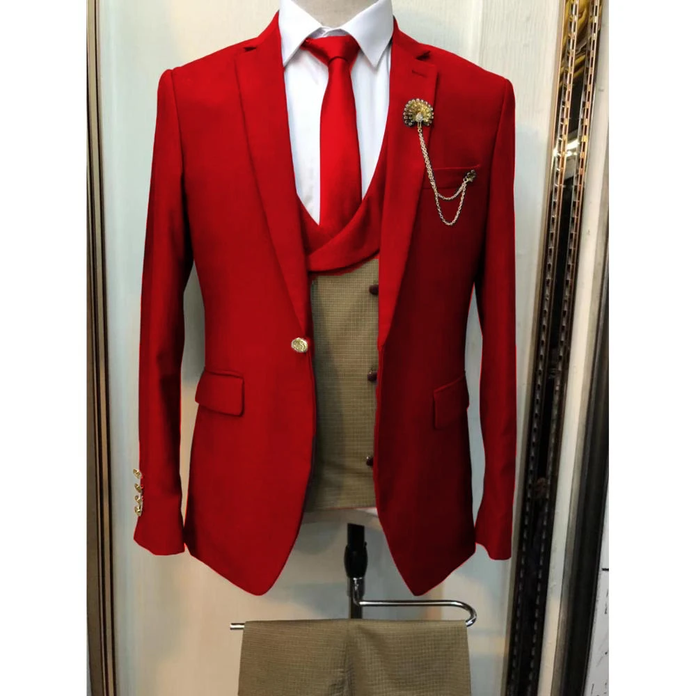 2021 Fashion Plaid Lattice Wedding Mens Suit Custom Singer Stage Performance Blazer Red Tuxedo Jacket Vest with Pants 3 Piece