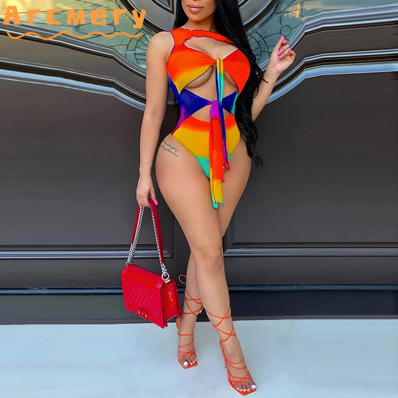 

2 Pieces Sets Women Multi Color Printed Sleeveless Hollow Out Rommper & Slit Skirts