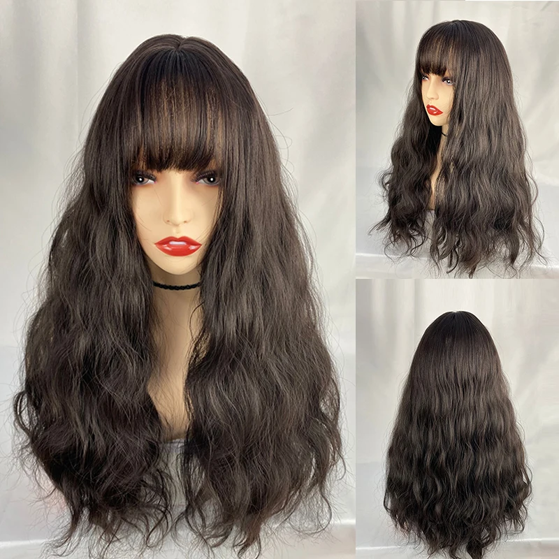 

Парик URCGTSA для чернокожих/белых женщин, темно-коричневый синтетический длинный волнистый парик с челкой Омбре, розовые натуральные волосы
