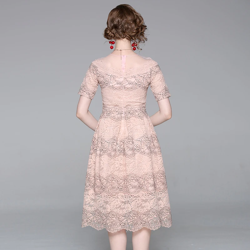 

New Elegant Vintage Women Lace Slim Tunic Short Sleeve Midi Dress Lady Evening Party Dresses Clothing Summer Sundress