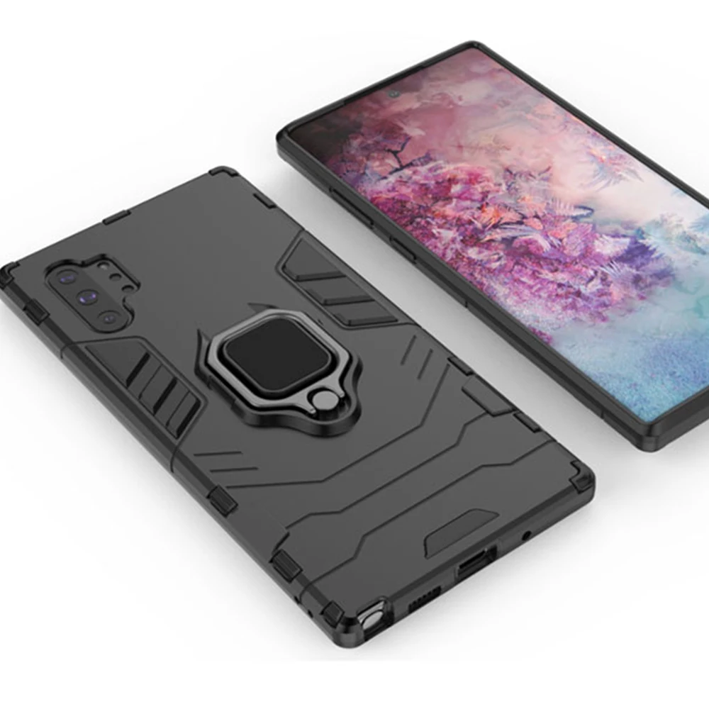 Для samsung Galaxy Note 10+ Чехол Броня PC чехол палец кольцо держатель Телефон чехол для samsung Note10 Plus чехол противоударный бампер - Цвет: Черный