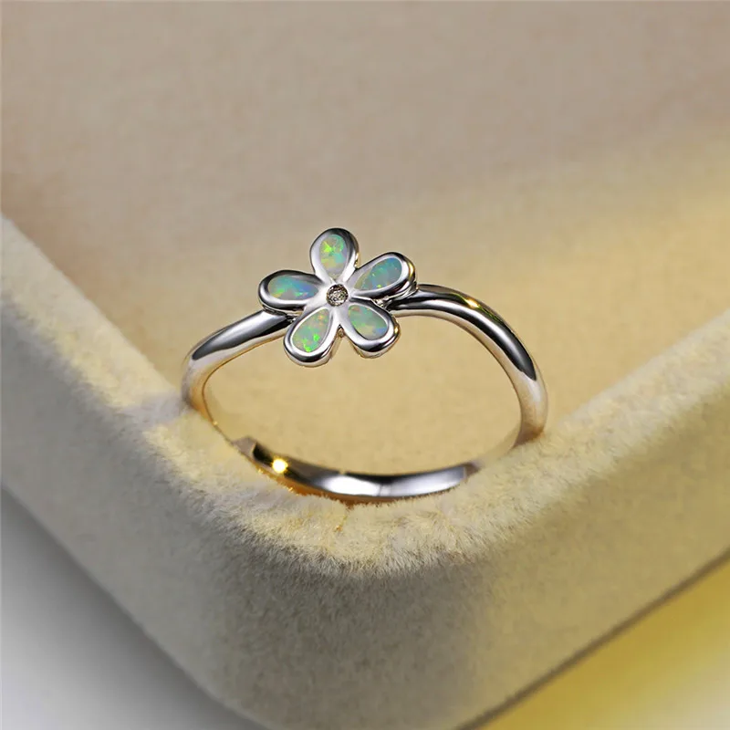 

Cute Female Blue White Opal Ring Dainty Rose Gold Adjustable Wedding Rings For Women Minimalist Bridal Flower Engagement Ring