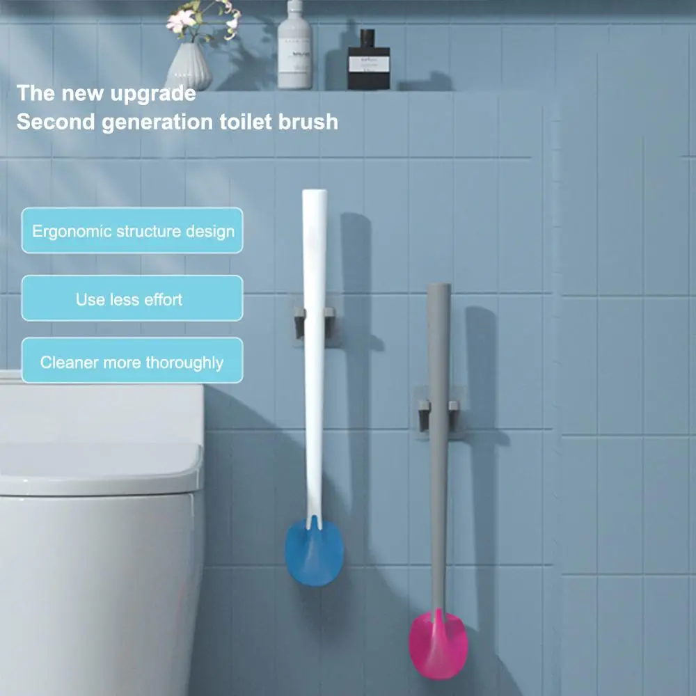

Toilet Brush Wall Hanging Free Punching Silicone Toilet Brush with Non-Slip Long Plastic Handle No Residue in The Bathroom