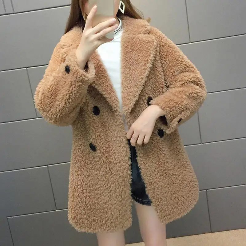 

Women 2020 Autumn Winter Casual Warm Faux Fur Coat Female Double Breasted Chic Overcoat Artificial Sheep Sheared Outerwear R50