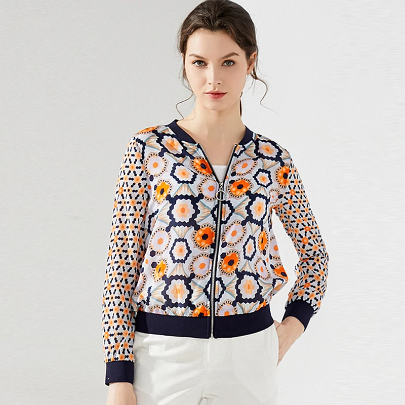 Куртка женская шелковая с принтом повседневная легкая тканевая куртка-бомбер
