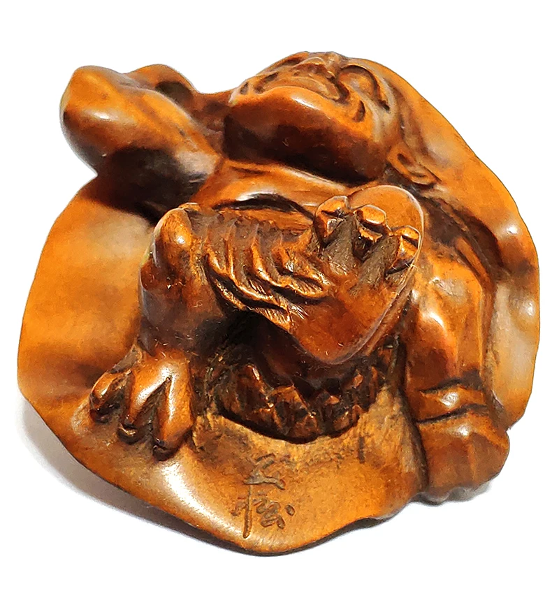 Y6801 - 2 &quotручная резьба ящик Netsuke : Oni Man с шляпой |