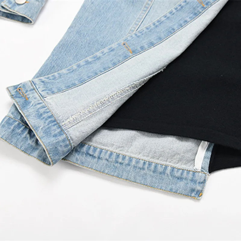 

Johnature 2021 Fashion New Women False Two Pieces Long Sweatshirts Spring High Street Bandage Patchwork Denim Hoodies