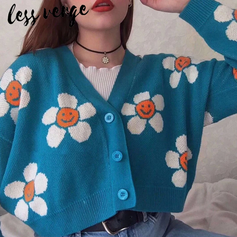 Lessverge вязаный Мультфильм Цветок синий милый свитер кардиган для женщин осень