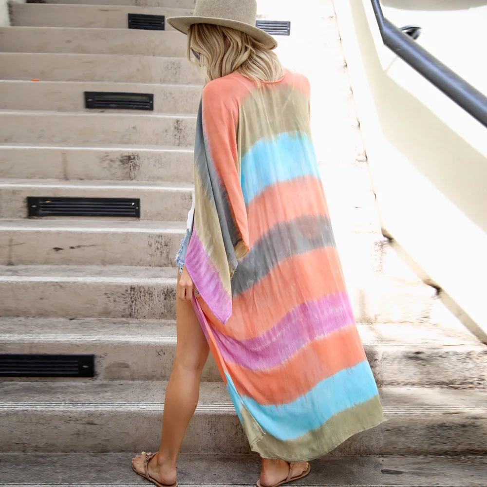 Summer Maxi Kimono New Trend Tie-Dye Striped Duster Cotton Rainbow Coat Casual Breezy Swimwear Coverup Women Vigorous Cardigans |