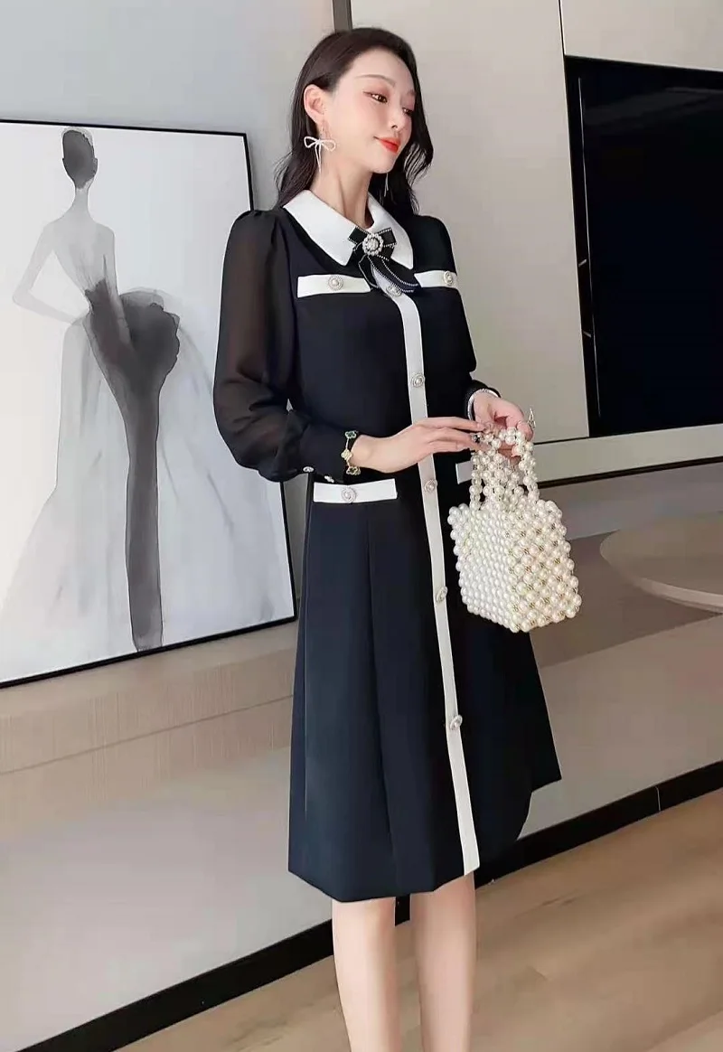 

2021 Spring Fashion Black Blue Dress High Quality Women Peter Pan Collar Color Block Patchwork Buttons Deco Long Sleeve Dress OL