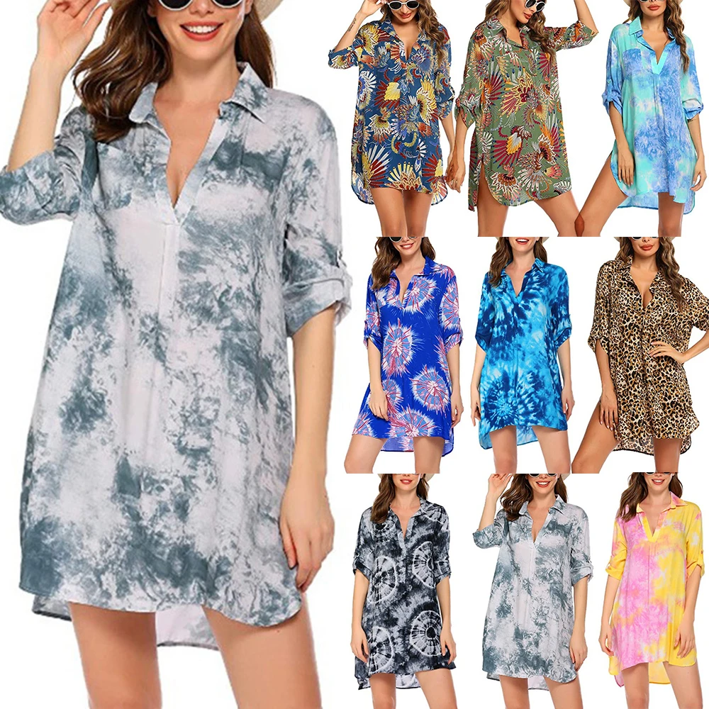 

Women's Swimsuit Cover Ups Fashion Beach Short Sleeve Coverall Floral Tie-dye Print Swimwear Loose Long Blouse Shirt