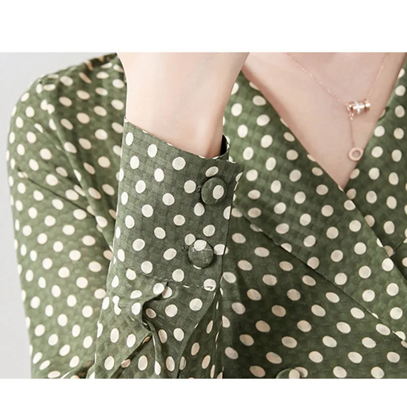 

New Arrival French Vintage Polka Dot Women Blouse Spring Summer 2021 Office Lady Elegant Long Sleeve Shirt Green Ropa Mujer