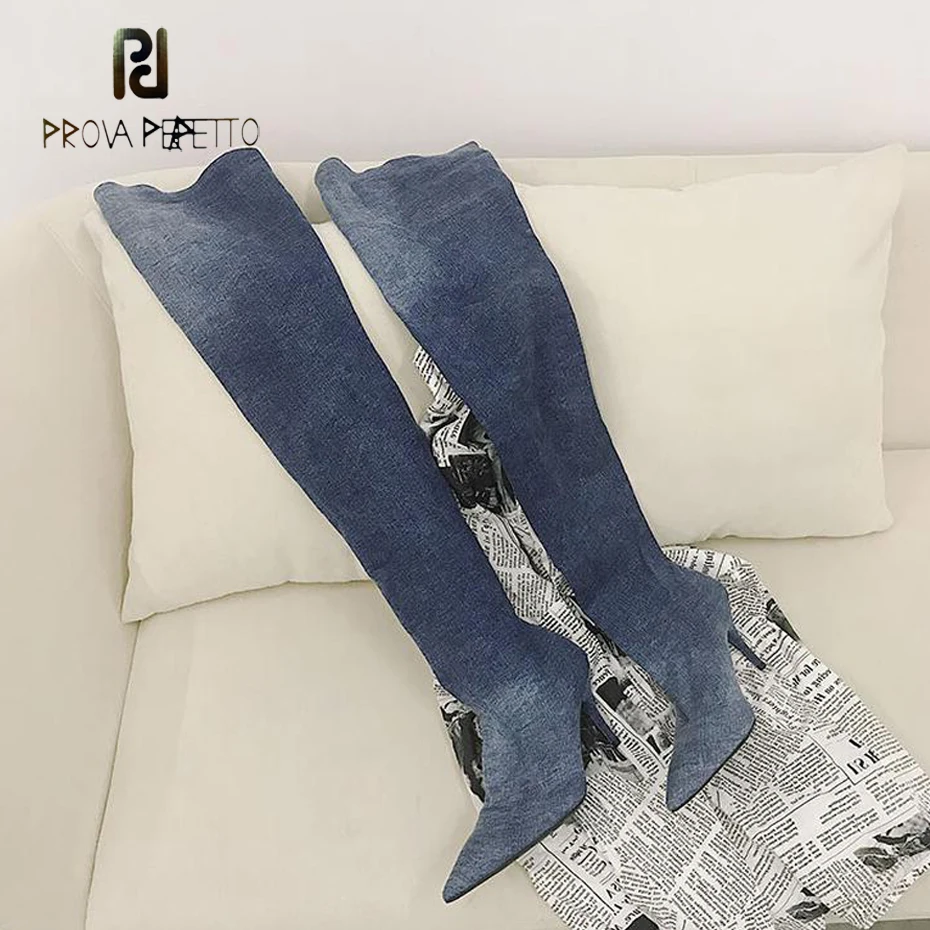 

Prova Perfetto New Brand Design Blue Grey Denim Over The Knee Boots Sexy Pointed Toe Stiletto Heel Ladies Thigh High Boots