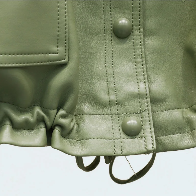 

FMFSSOM Drawstring Belt Lime Green Leather Jacket Single Breasted Personality Pockets autumn Street Wear Moto Bike Outwear