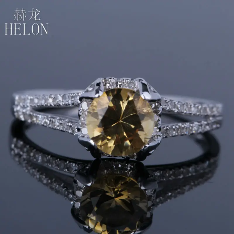 

HELON Solid 10K White Gold Round 6mm Natural Citrine & Diamond Engagement Wedding Ring For Women Birthday Anniversarry Best Gift