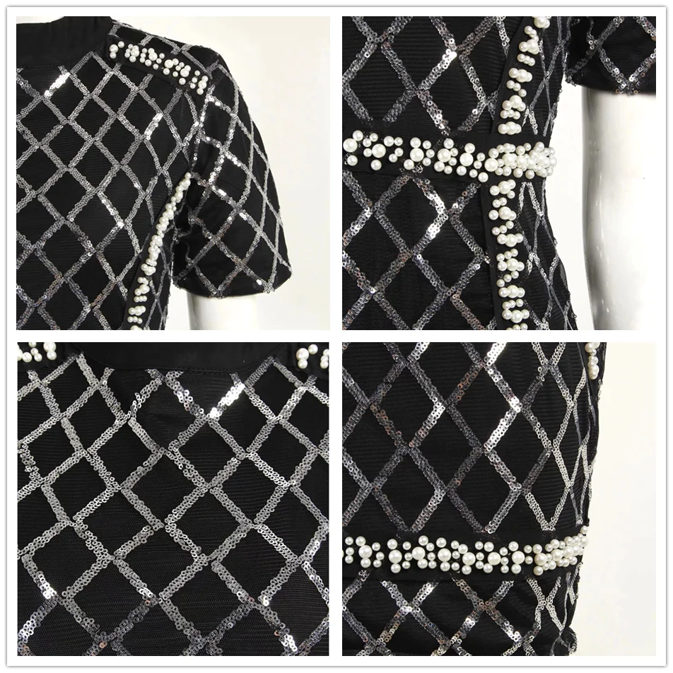 

Ailigou 2021 New Arrival Fashion Black Short Sleeve Round Neck Sequin Bandage Dress Lady Beaded Mini Dress Vestidos Wholesale