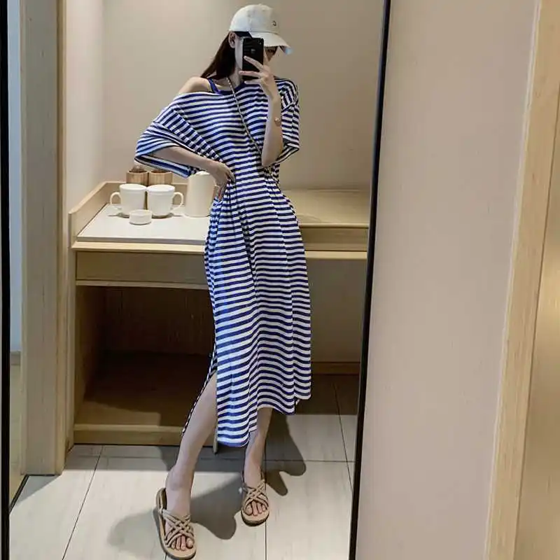 

Spring and Summer New Retro Easy Matching Striped Midi Dress Sneaky Design off-the-Shoulder Waist Fitted Figure Flattering