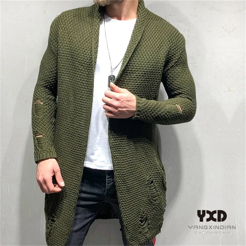 

Brand Men Clothes Hole Jacquard Knitted Cardigan Men Long Style Sweater Jacket 2020 Streetwear Windbreaker Men Coat Casual K pop
