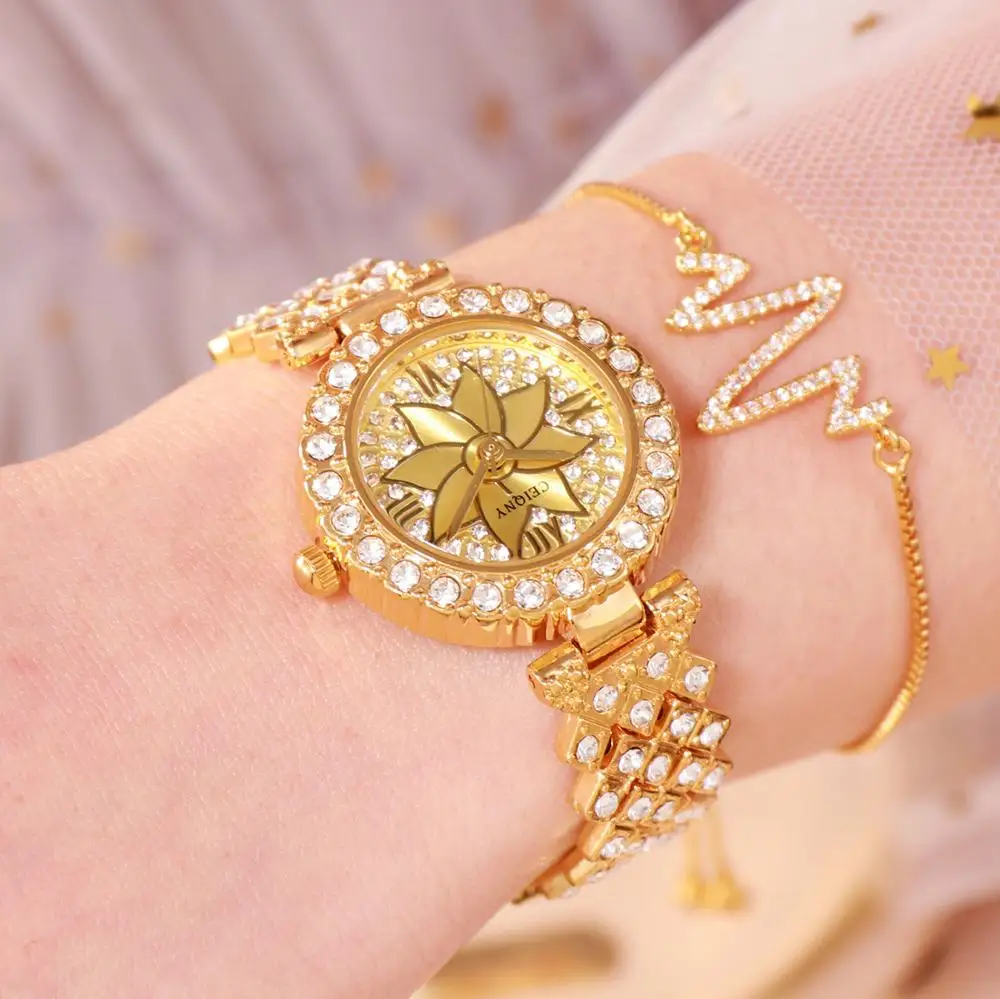 Часы наручные женские круглые роскошные модные водонепроницаемые золотистые с