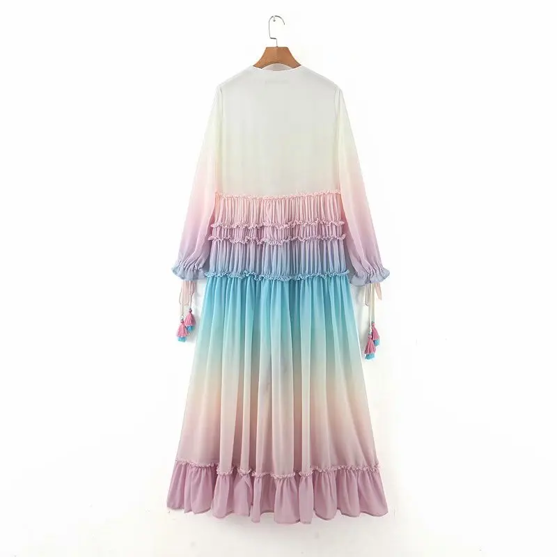 

Za Women Party Mididress with Deep V-neck Ruffles Long Sleeve Shirtdress Colorful Print Chiffon Long Mididress