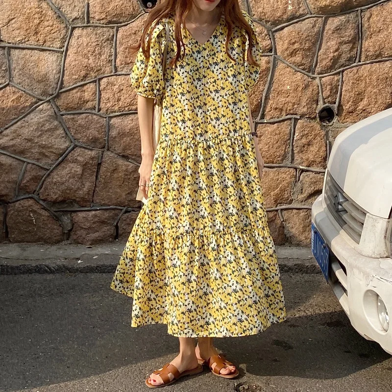 

Summer Holiday Flower Printing V-neck Loose A-line Chiffon Woman Dress Casual Long Dresses YOU411