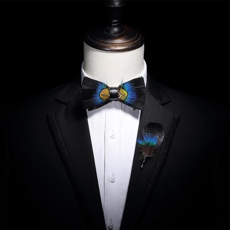 

New Free Shipping fashion men's male Natural feather handmade personality Western European groom ceremonial wedding bow tie set