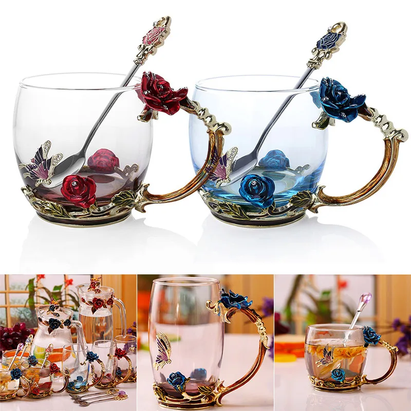 Smalto caffè tazza da tè tazza 3D Rose Butterfly tazze di vetro regalo di nozze RE