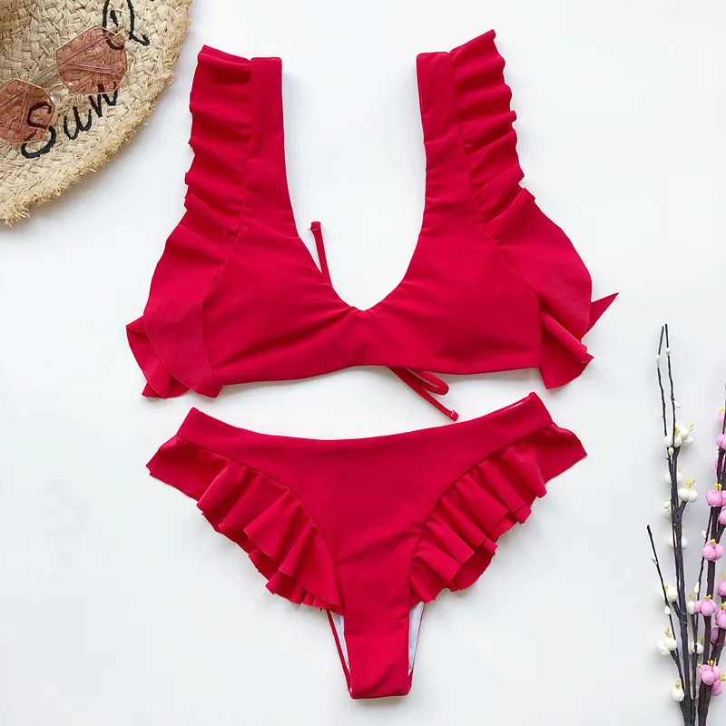 Бикини женское однотонное с оборками пикантный бандажный купальник завязками