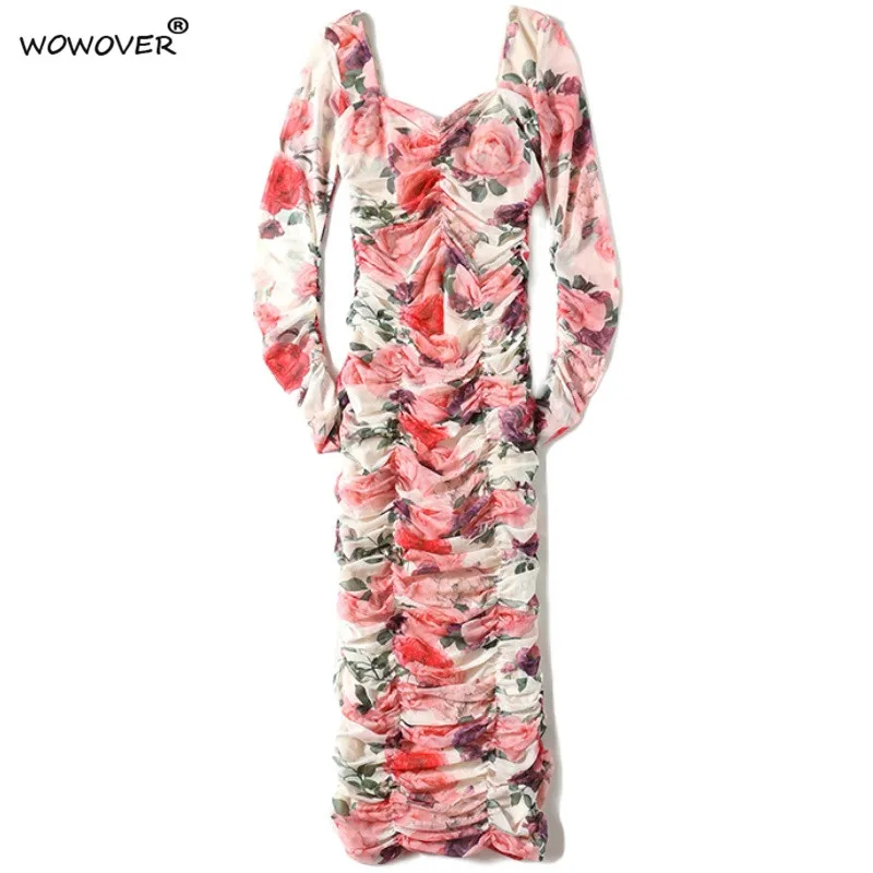 

Elegant Spring Summer Long Sleeve Square Collar Rose Floral Print Draped Mesh Bodycon Party Dresses Midi Sexy Evening Vestidos