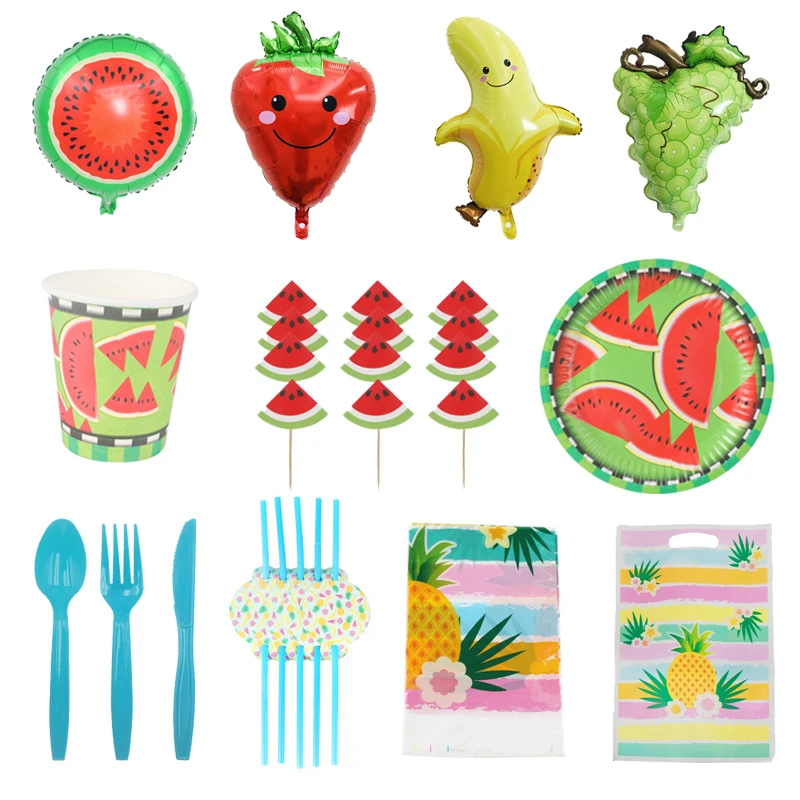 Фрукты тема клубника Арбуз Лимон скатерть бумажные тарелки и стаканы