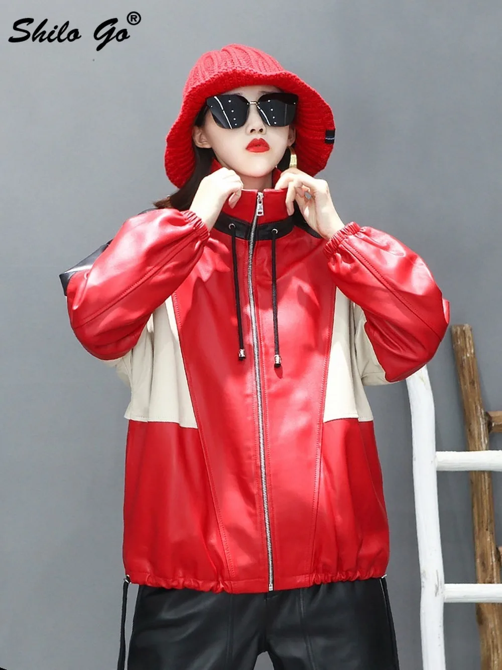 

Streetwear Color Block Cut-and-Sew Panel Drop Shoulder Drawstring Collar Coat Women Casual Sheepskin Genuine Leather Jacket